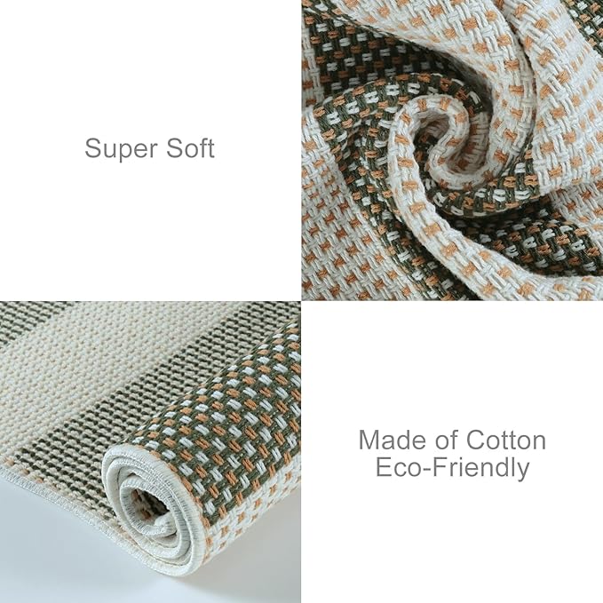 OJIA Outdoor Rug 3'x5', Washable Entryway Rugs Indoor Fall Front Door Mat Cotton Woven Checkered Front Door Rug Small Area Rug Halloween Doormat for Porch Kitchen Patio Bathroom (Green/White/Tan)