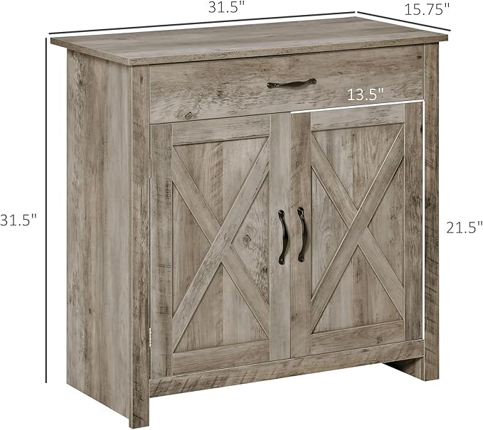 HOMCOM Farmhouse Sideboard Buffet Cabinet, Barn Door Coffee Bar Cabinet with Drawer and Adjustable Shelf, for Living Room, Entryway, Gray