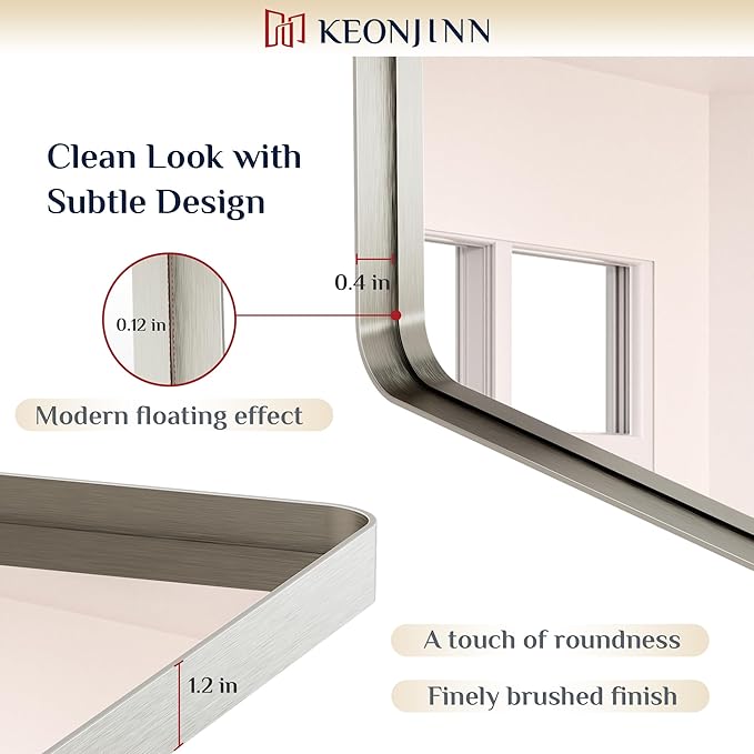 Keonjinn 42 x 20 Inch Brushed Nickel Bathroom Mirrors for Over Sink, Rounded Rectangle Silver Bathroom Vanity Mirror, Metal Framed Farmhouse Mirror for Wall, HD Tempered Glass(Horizontal/Vertical)