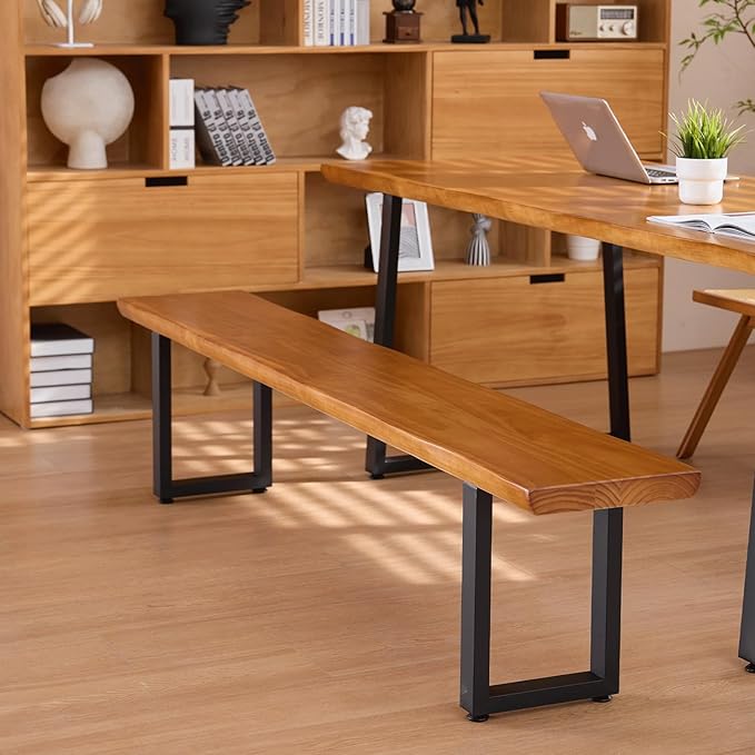 Durable Solid Wood Top Bench with Sturdy Metal Legs – Versatile Dining & Office Seating - Multi-Size Options Ideal for Living Room, Dining Room, and Home Office(Dark yellowbench, 55.12in)