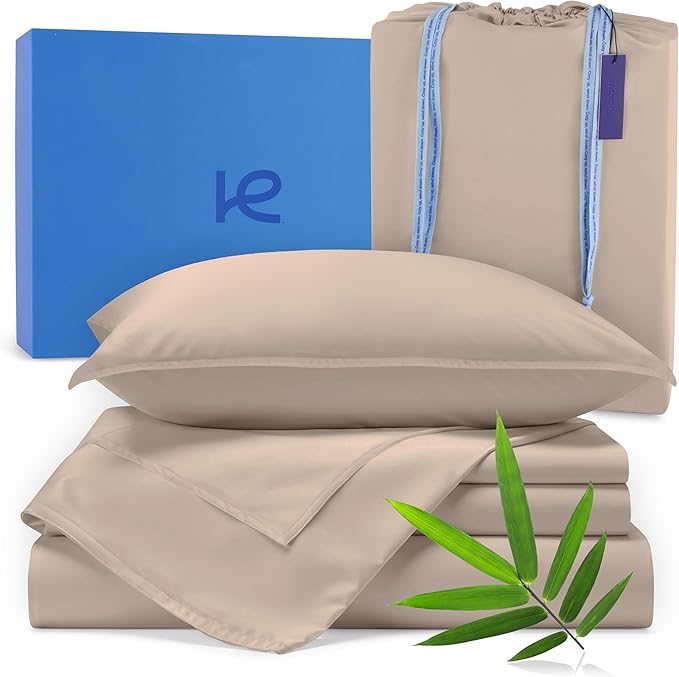 Kickoff Viscose Bamboo Sheets Twin XL Size 3-pc 100% Organic Bamboo Viscose Bed Cooling Sheets Twin XL Size Set Cool Bedding for hot Sleepers Sheet, Flat, Fitted, Pillowcase (Iced Latte, TXL)
