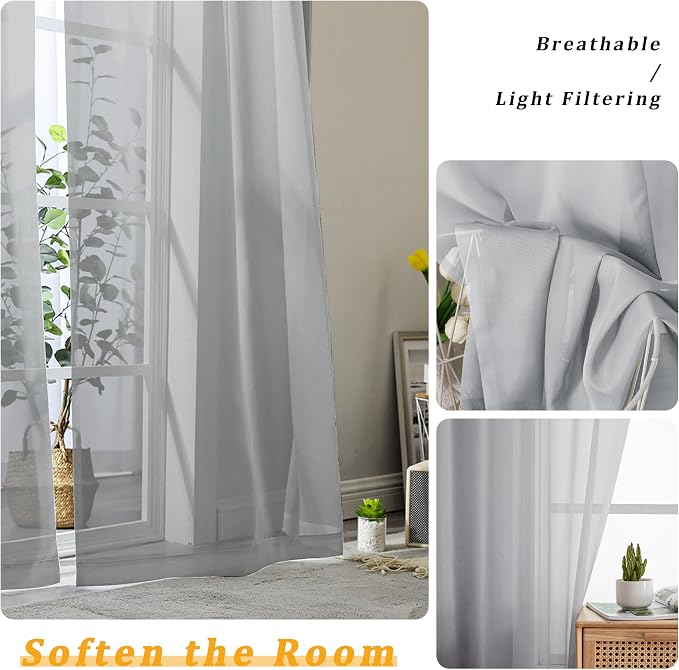 Gwine Light Grey Sheer Kitchen Curtains 36 Inch Length, Light Filtering Voile - Image 3