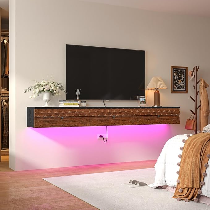Fully-Assembled Floating TV Stand, Vintage Carved Floating Entertainment Center with Flip-Down Doors & Drawer, Walnut Wood Media Console Shelf Cabinet Under TV Storage for Living Room, 55IN