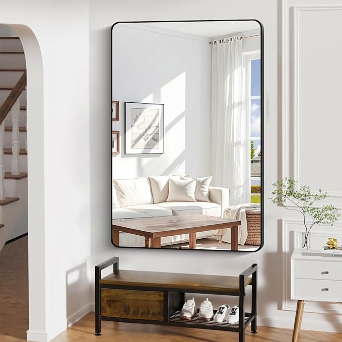 60" x 40"Bathroom Mirror, Matte Black Wall Mirror with Metal Frame, Decorative Rectangular Vanity Mirror for Bedroom Bathroom Living Room Entryway (Horizontal/Vertical)