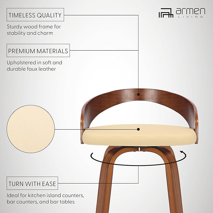 Armen Living Sonia 26" Counter Height Swivel Cream Faux Leather and Walnut Wood Bar Stool - Set of 2