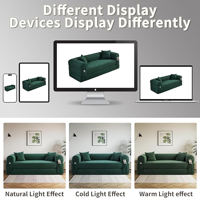80" Convertible Sofa Bed, Corduroy Deep Seat Folding Pull Out Couch with Pillows, No Assembly Modern Boneless Couch Compression Sofa in Box, Floor Sofa with Storage Pocket for Living Room,Light Green