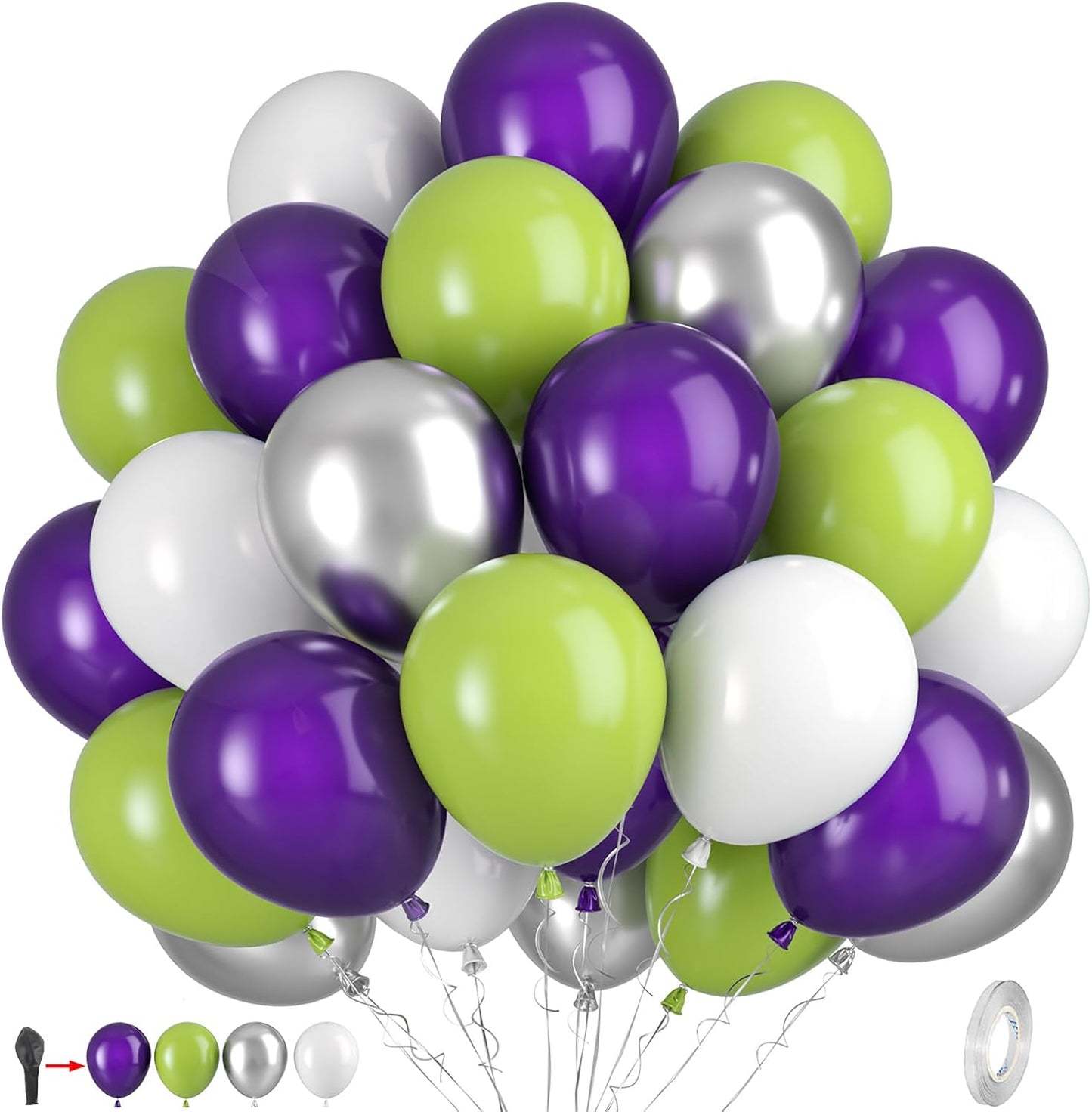 Green Purple White Balloons, 50pcs Green Purple Silver Balloons, Silver White Purple Balloon for Birthday Boys Baby Shower Toy Theme Party Wedding Graduation Bachelorette Anniversary Decorations
