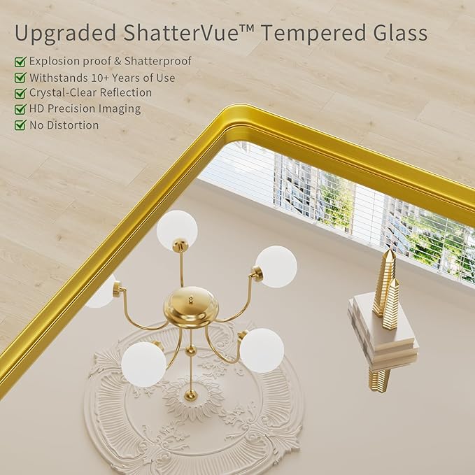 Koonmi Gold Bathroom Mirror for Wall, 30x40 Inch Matte Metal Deep Framed Rounded Corner Wall Mirror, Shatterproof Tempered Glass for Farmhouse Bedroom Entryway, Vertically or Horizontally