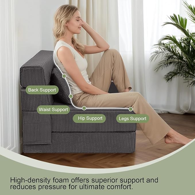 MeMoreCool Boneless Folding Sofa Bed Single, Corduroy Convertible Sleeper Chair, Foldable Foam Mattress Chair, Comfy Fold‑Out Futon Couch Bed, Small Floor Sofa Couch for Living‑Room Guest