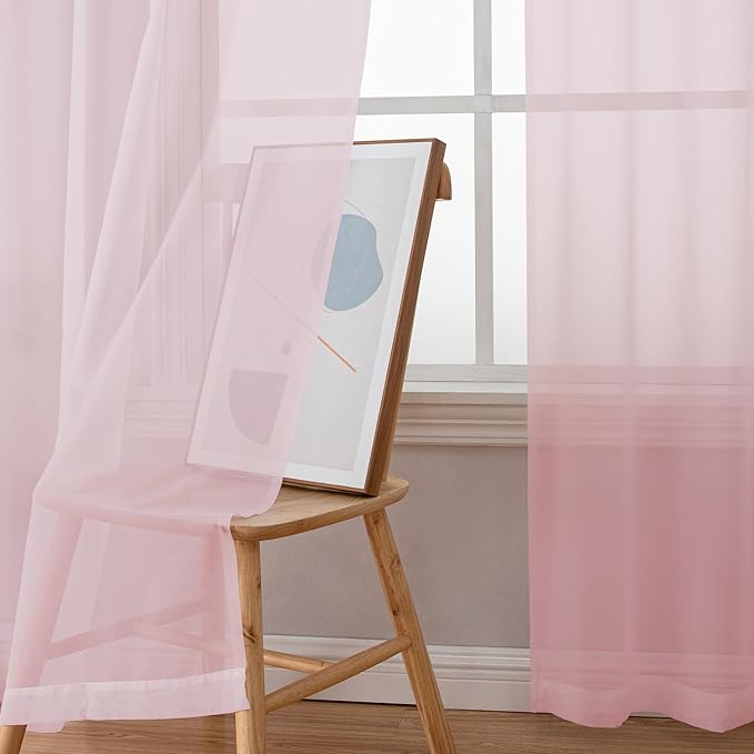 OWENIE Extra Long Sheer Curtains 96 Inches Long, Rod Pocket Airy Solid Blush - Image 3