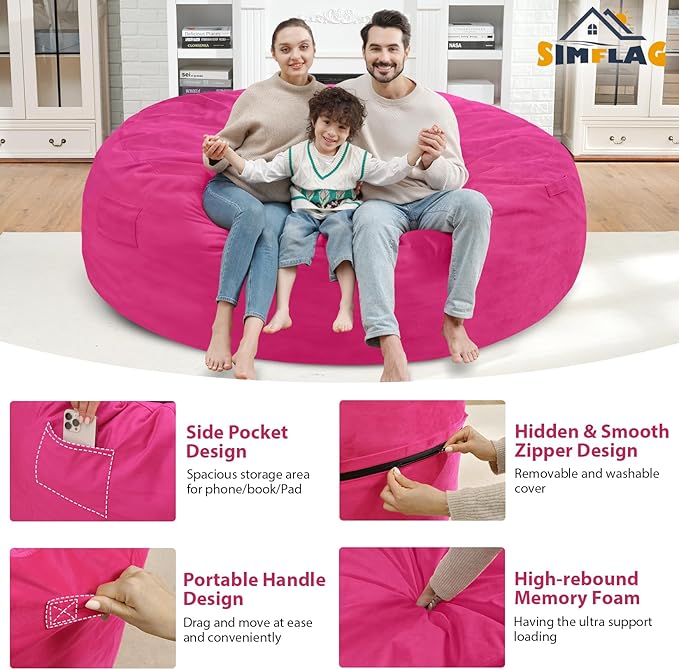 7FT Bean Bag Chair, Large Bean Bag Chairs with Memory Foam Filled, Fluffy Beanbag Sofa with Dutch Velvet Cover, Round BeanBag Chairs for Living Room, Playroom - Pink