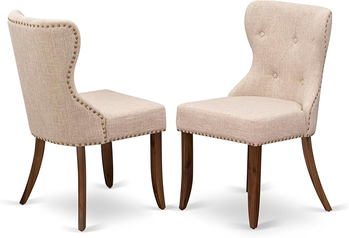 NESI9-AWA-04-9-Piece Dining Table Set Consists of a Modern Kitchen Table and 8 Light Tan Linen Fabric Dining Chairs with Button Tufted Back - Antique Walnut Finish