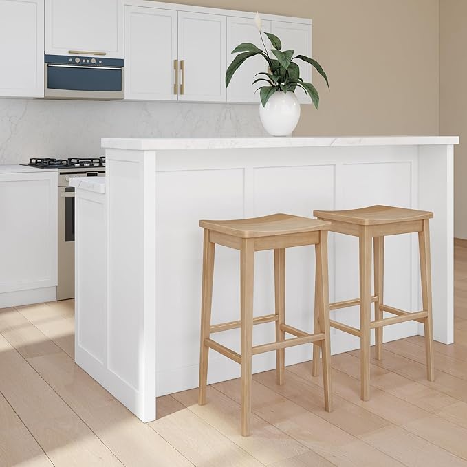 Plank+Beam Smythe Bar Stool, 30", Set of 4, Sturdy Wood Modern Kitchen Bar Height Stool, Saddle Seat Backless Bar Chair, Metal Footrest, Blonde