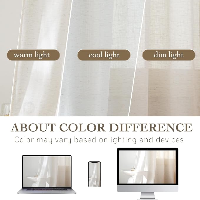 RYB HOME Linen Sheer Curtains Extra Long Window Drapes Light & Airy Translucent - Image 6