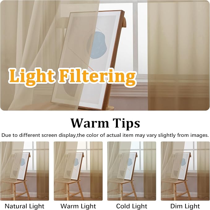 Gwine Taupe Sheer Kitchen Curtains 36 Inch Length, Light Filtering Voile Soft - Image 5