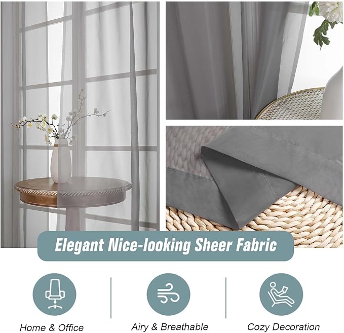 Grey Sheer Curtains for Window 96 Inches Long 2 Panels, Light Filtering Voile - Image 4