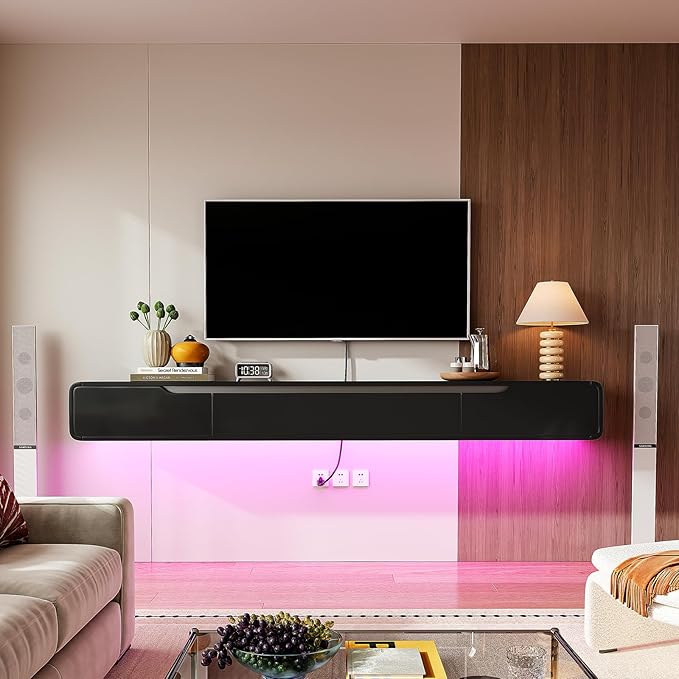 Fully-Assembled Floating TV Stand with Drawers, 47IN High Gloss Wall Mounted Entertainment Center, Modern Media Console with Storage, Under TV Shelf for Bedroom Living Room Black