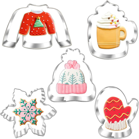 New Winter Christmas Cookie Cutter Set-5 Piece-Ugly Sweater, Hat, Mitten, Snowflake, Coffee Mug Cookie Fondant Biscui Cutters for Ugly Vintage Christmas Thanksgiving