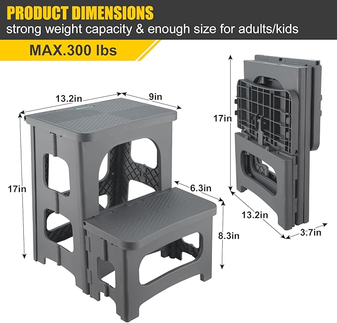 Folding 2-Step Stool for Adults Kids Non-Slip Collapsible Portable Step Stool for Kitchen Home Toilet Bedroom Office Bathroom Rv,Holds 300 Lbs(Grey)