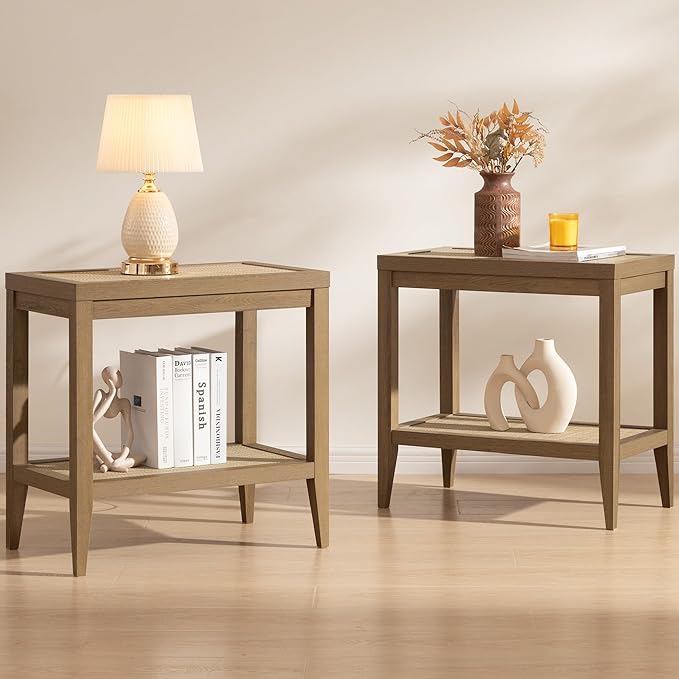 SICOTAS Rattan Nightstands Set of 2 Bedside Table - Boho Narrow End Table Living Room Set of 2 Side Table with Rattan Storage Shelves for Small Space