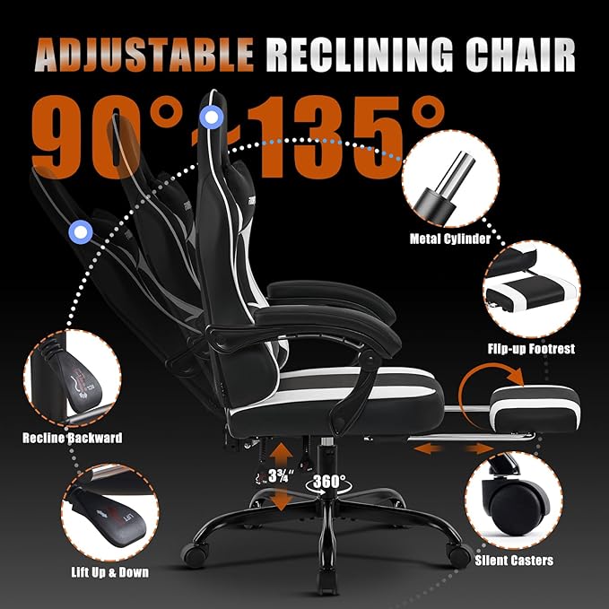 Gaming Chair for Adults and Teens, Ergonomic Leather Video Game Chairs with Footrest, Wide Seat, Reclining Back, Neck & Lumbar Support, Adjustable Swivel Computer Desk Chair, Black/White