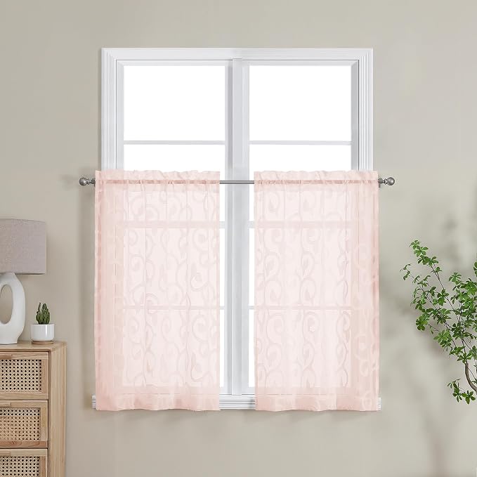 OWENIE Furman Blush Pink Sheer Curtains 36 inch Length 2 Panels Set - Image 2