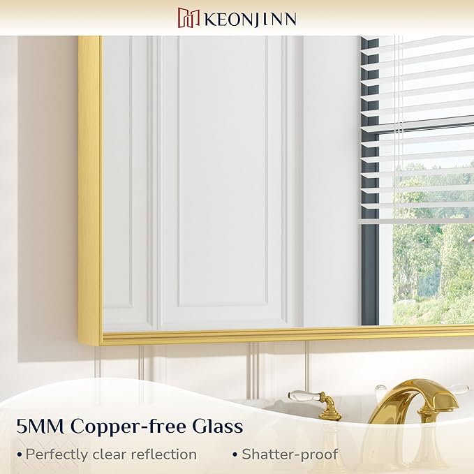 Keonjinn Gold Bathroom Mirror 48” x 36” Brushed Gold Metal Framed Mirror Rectangular Large Wall Mirror Square Corner Gold Vanity Mirror Oversized Rectangle Mirror for Over Sink(Horizontal/Vertical)