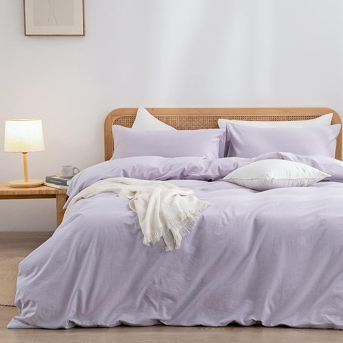 BESTOUCH Duvet Cover Set 100% Washed Cotton Linen Feel Super Soft Comfortable Chic Lightweight 3 PCs Home Bedding Set Solid Taro Purple Cal King