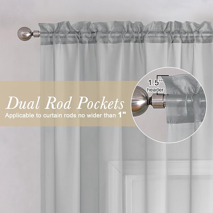 Lecloud Light Grey Sheer Curtains 54 Inch Length 2 Panels, Airy & Breathable - Image 2