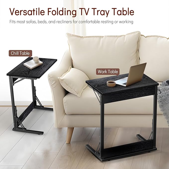 Tatub 24" Folding C Shaped End Table Set of 2, Small Sofa Side Laptop Desk, Couch TV Tray Table for Living Room, Bedroom, Black
