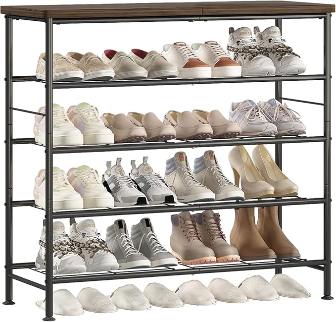Shoe Rack Organizer 5 Tier for Closet Entryway Free Standing Metal Storage Shoe Shelf with MDF Top Board，Black+Rustic Brown