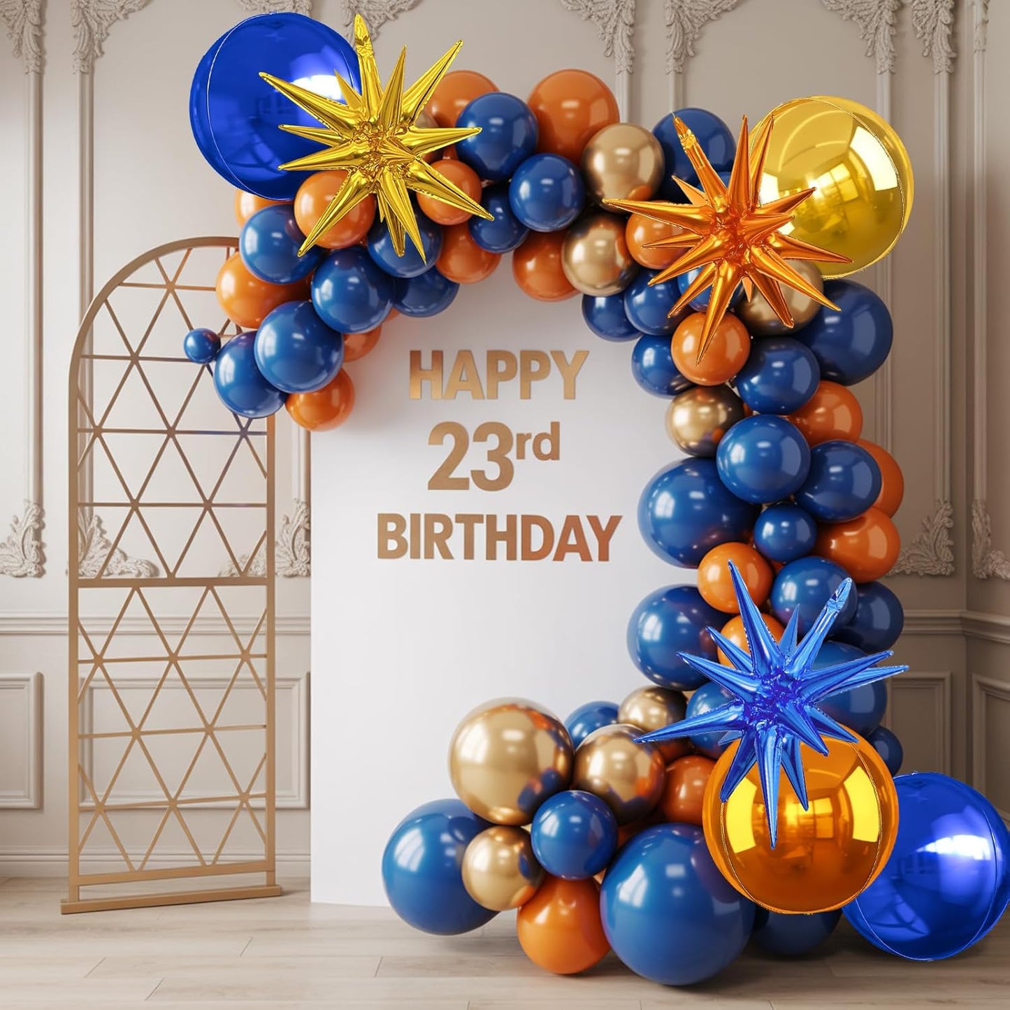 6Pcs Blue Orange Gold Foil Balloons,22Inch Orange Blue Gold 4D Round Ball Balloon and Explosion Star Balloon for Birthday Wedding Baby Shower Anniversary Party Decorations