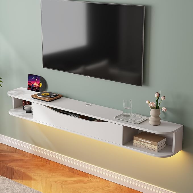 Floating TV Stand,55'' Wall Mounted TV Cabinet,Floating TV Console,Under TV Shelf with 1 Door and 2 Cabinets for TVs up to 65''(White)