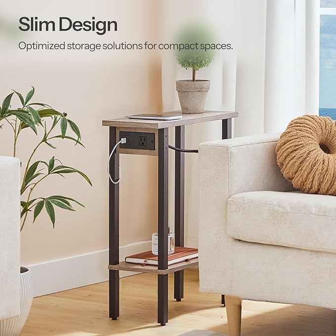 HOOBRO Small End Table with Charging Station, Set of 2, Narrow Side Table with USB Port and Outlets, Skinny Sofa Table, Slim Nightstand, Living Room, Bedroom, Greige and Black BG240UBZP201