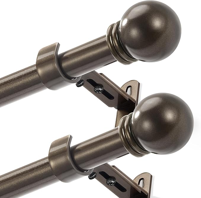 Curtain Rods for Windows 16 to 76 Inches, Curtain Rod Max Adjustable Length of 88 IN, 1" Diameter Drapery Rods Round Finials, Brown, Pack of 2