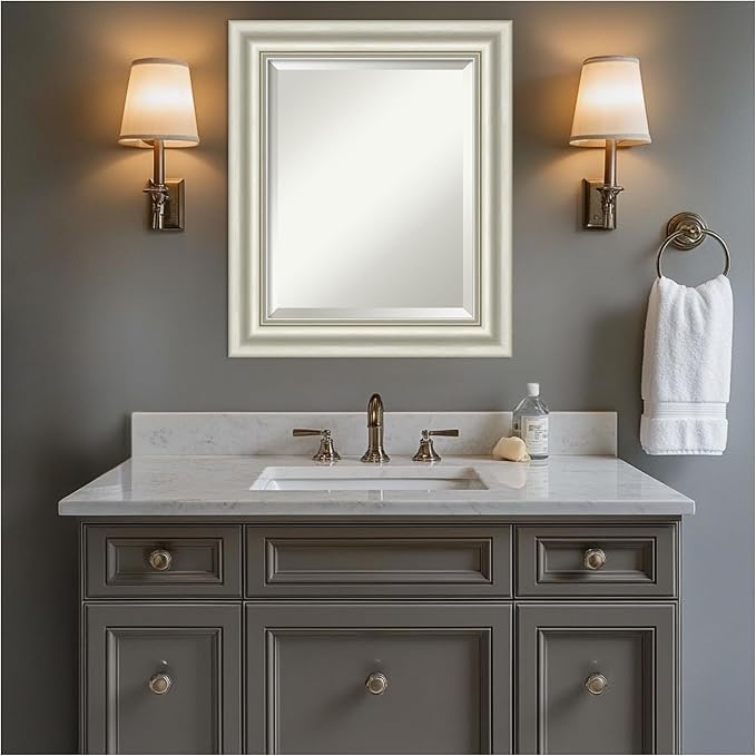 Amanti Art Bathroom Mirror for Over Sink, 26x22 Sophia Silver Rectangle Vanity Mirror, Small Traditional Frame, Hangs Horizonally and Vertically, Bathroom Wall Decor, Beveled Edge