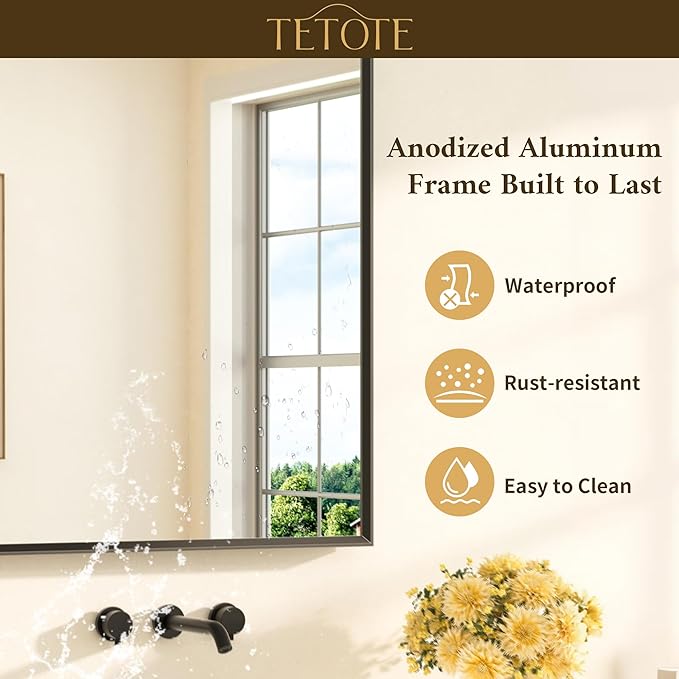 TETOTE Black Bathroom Mirror for Over Sink 55" x 36" Large Matte Black Beveled Metal Framed Rectangular Vanity Mirror for Bathroom, Bedroom, Entryway, Living Room, Tempered Glass, Shatterproof