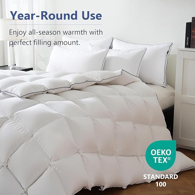 DOWNCOOL White Feather Comforter Full Size, Fluffy Duvet Insert Full with 100% Cotton Cover, All Season Luxurious Hotel Bed Comforter with Corner Tabs, 82 x 86 Inch