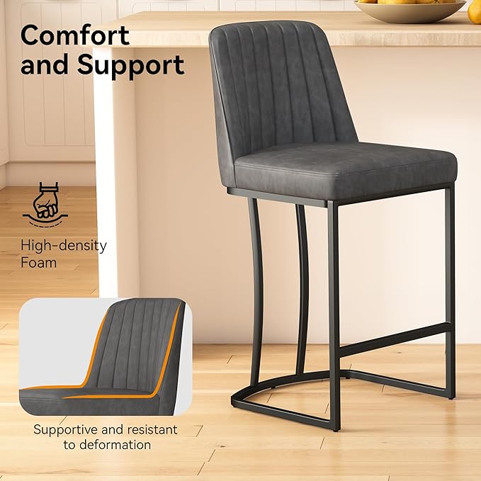Counter Height Bar Stools Set of 2, Upholstered Leather Barrel Barstools with Back and Metal Legs for Kitchen Island, 27.4" Seat Height, Fabric in Faux Leather, Rustic Grey