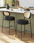 VASAGLE Bar Stools Set of 2, Bar Height Stools with Rattan Back and Metal Legs, 25.1-Inch Tall Counter Chairs, Modern Leather Upholstered Barstools for Kitchen Island Dining Room, Ink Black