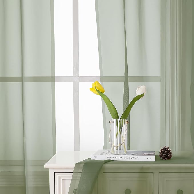 Lecloud Sage Green Sheer Curtains 84 Inches Long 2 Panels Set, Solid Voile - Image 7