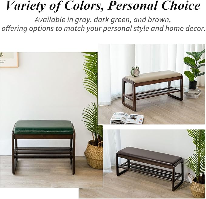 Shoe Bench, Entryway Bench with Leather Cushion, Solid Wood Shoe Rack, Mid Century Modern Bench, Shoe Storage, Shoe Organizer for Entryway (Brown, 31.5" W)