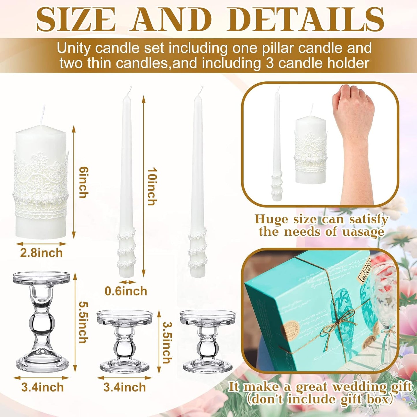 Irenare Unity Candles with Holder for Wedding Ceremony Wedding Decortions Accessories Glass Candle Holder Pillar Candle for Formal Events Church(Classic Style)