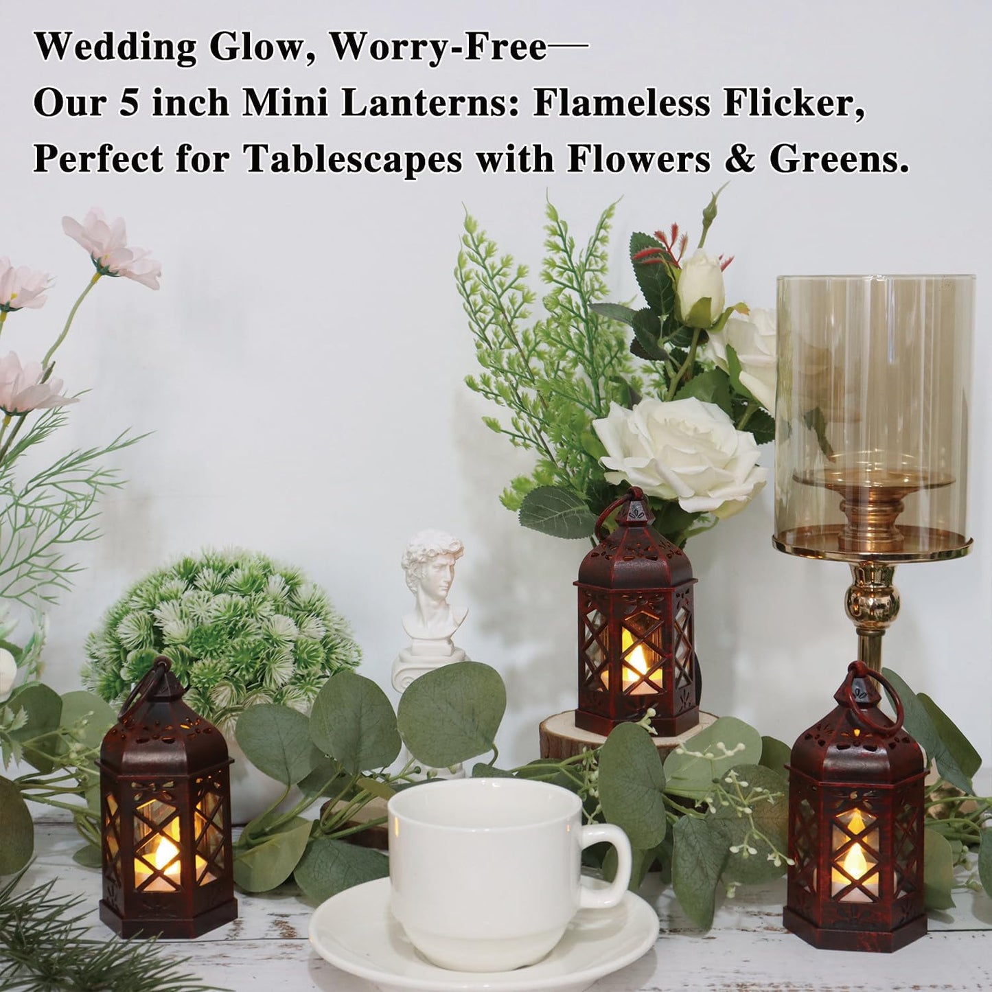 LLQ 8Pack Mini Lantern Decorative for Halloween Christmas & Wedding, Small Vintage Moroccan Lantern with Flickering LED Candle for Table Centerpieces, Enchanted Forest Medieval Decor, Hanging Ornament