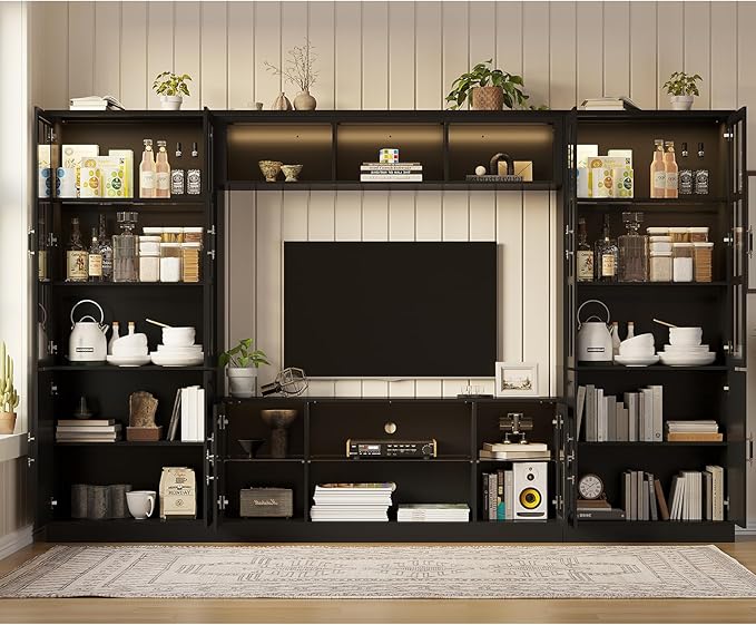4-Piece Wall Unit TV Stand with Storage & LED Lights for TVs up to 75", Modern Entertainment Center with Bookshelves & 4-Door Pantry Cabinet, Black