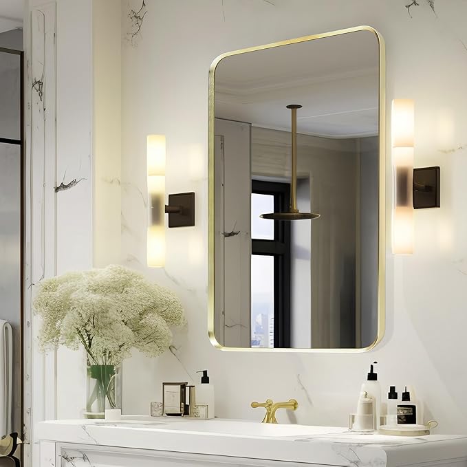 Wall Mount Mirror for Bathroom, Brushed Gold Metal Framed Rounded Corner Rectangular Vanity Mirror (16" x 20", Gold)
