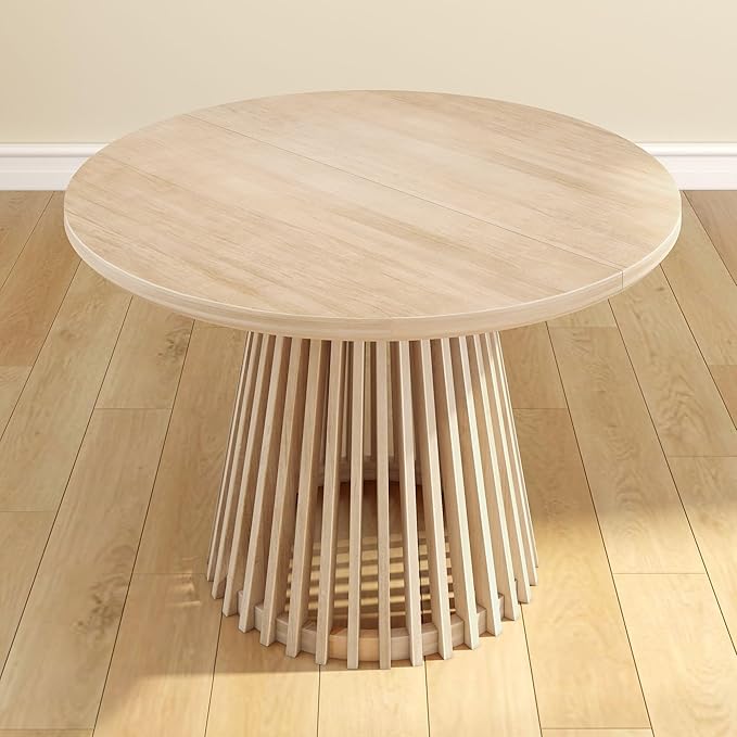 Plank+Beam Lido Round Dining Table, 47", Wooden, Pedestal, Minimalist Kitchen Table for 4 for Dining Room, Blonde