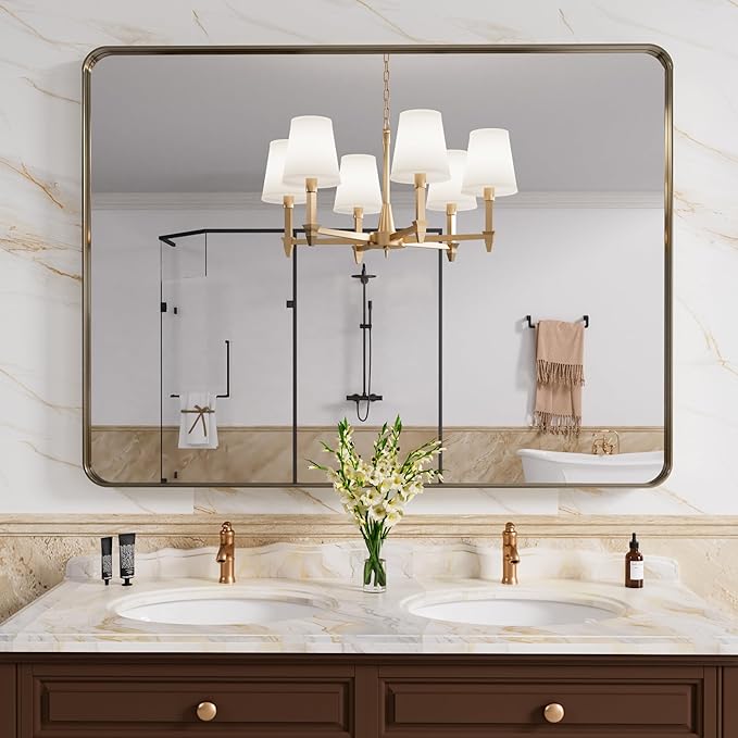 Bronze Bathroom Mirror 48x36 Inch, Brushed Bronze Metal Frame Mirror for Wall, Rounded Rectangle Bathroom Vanity Mirror with Tempered Glass, Anti-Rust, Horizontal/Vertical