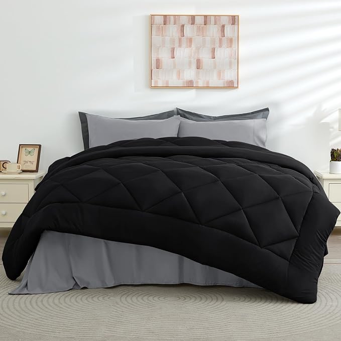 HEVUMYI Twin Comforter Set - 5-Piece All Season Bed in a Bag Twin, Ultra Soft Bedding Set with Comforter, Flat Sheet, Fitted Sheet, Pillowcases, Pillow Shams, Black & Light Grey