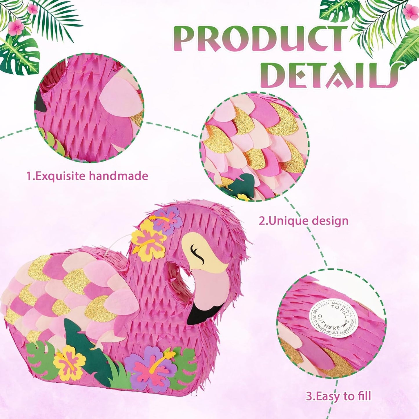 WERNNSAI Flamingo Piñata - Pink Piñata Bundle with Blindfold and Bat for Girls Kids Tropical Flamingo Theme Birthday Party Supplies Summer Pool Party Decorations for Fiestas Baby Shower